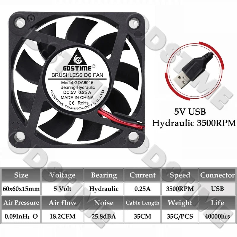 Gdstime 60MM Fan 24V 12V 5V Fan 60MMx15MM Brushless DC Exhaust Axial Cooling Fan 6cm 6015 Cooler for PC Equipment CPU Cooling