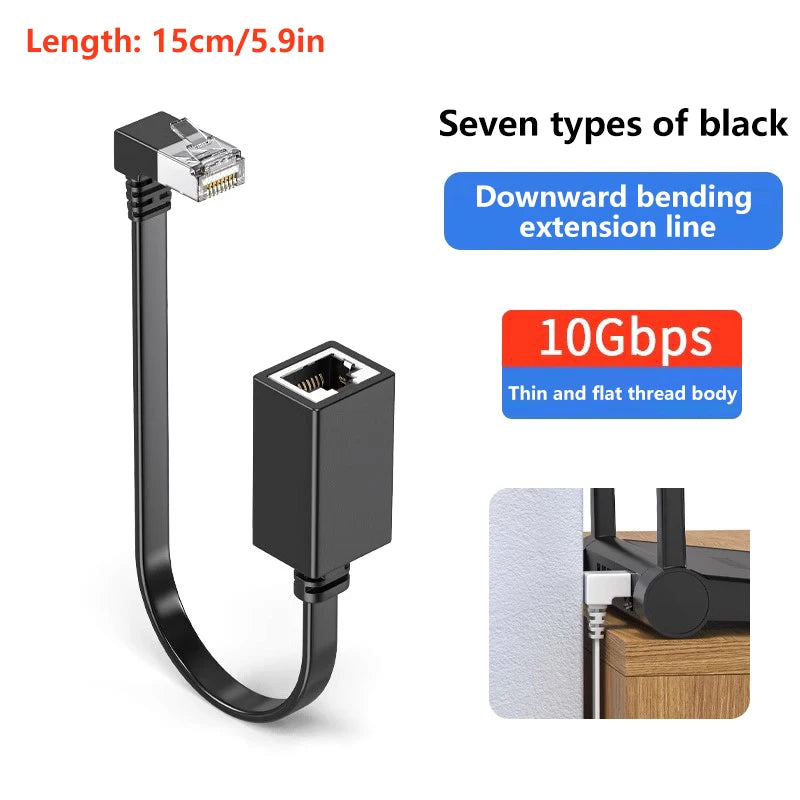 【Ultra 10G RJ45 Male To Female Adapter Cord 90 Degree Flat Ultra Right/Left Angle Elbow Network Wire CAT7 Extension Cable】