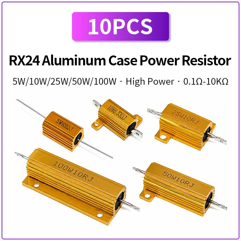 10PCS RX24 Aluminum Case Power Resistor 5W 10W 25W 50W 100W 0.1R-10KΩ High Power Wirewound Resistor Heat Sink