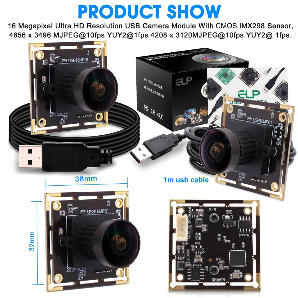 ELP 16MP Wide Angle USB Camera Module with 170degree Fisheye Lens 4K IMX298 Sensor Embedded Industrial Camera for Security