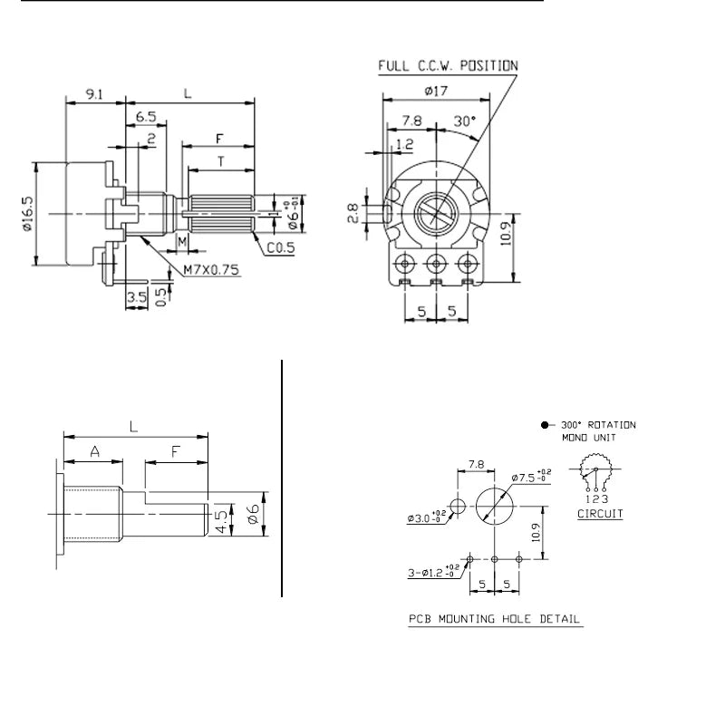 1pc WH148 Type 3pins Internal Bending Foot Vertical(Front） Potentiometer 16 type Carbon Film B10k Handle Length 25mm  Half Shaft