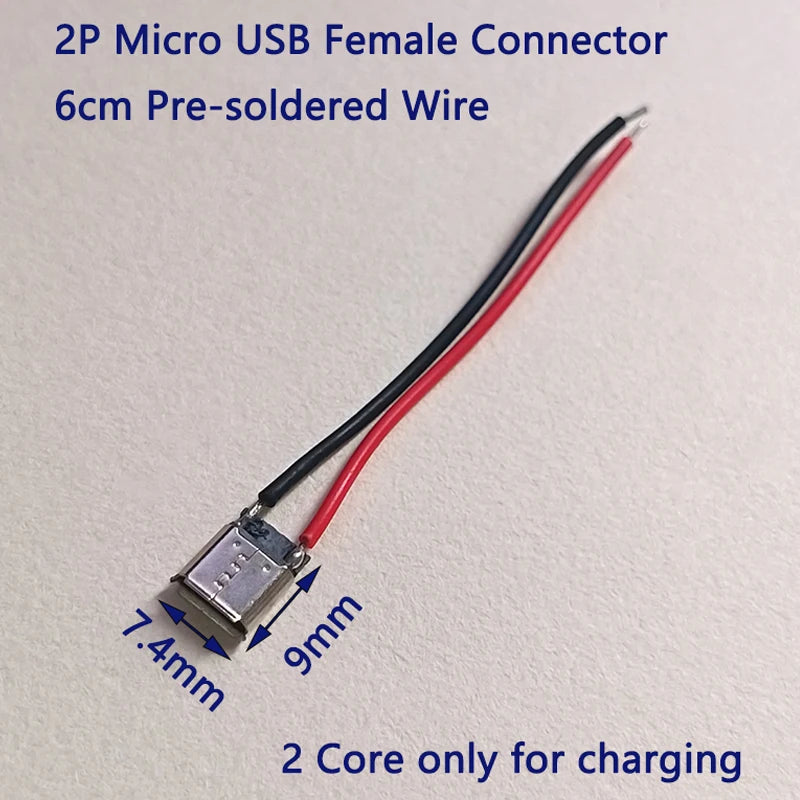 2/5/10/20pcs 2Pin Type‑C/Micro USB Male Female Connector With 6cm Pre‑soldered Wires 5V Charging Jack for DIY Projects Repair