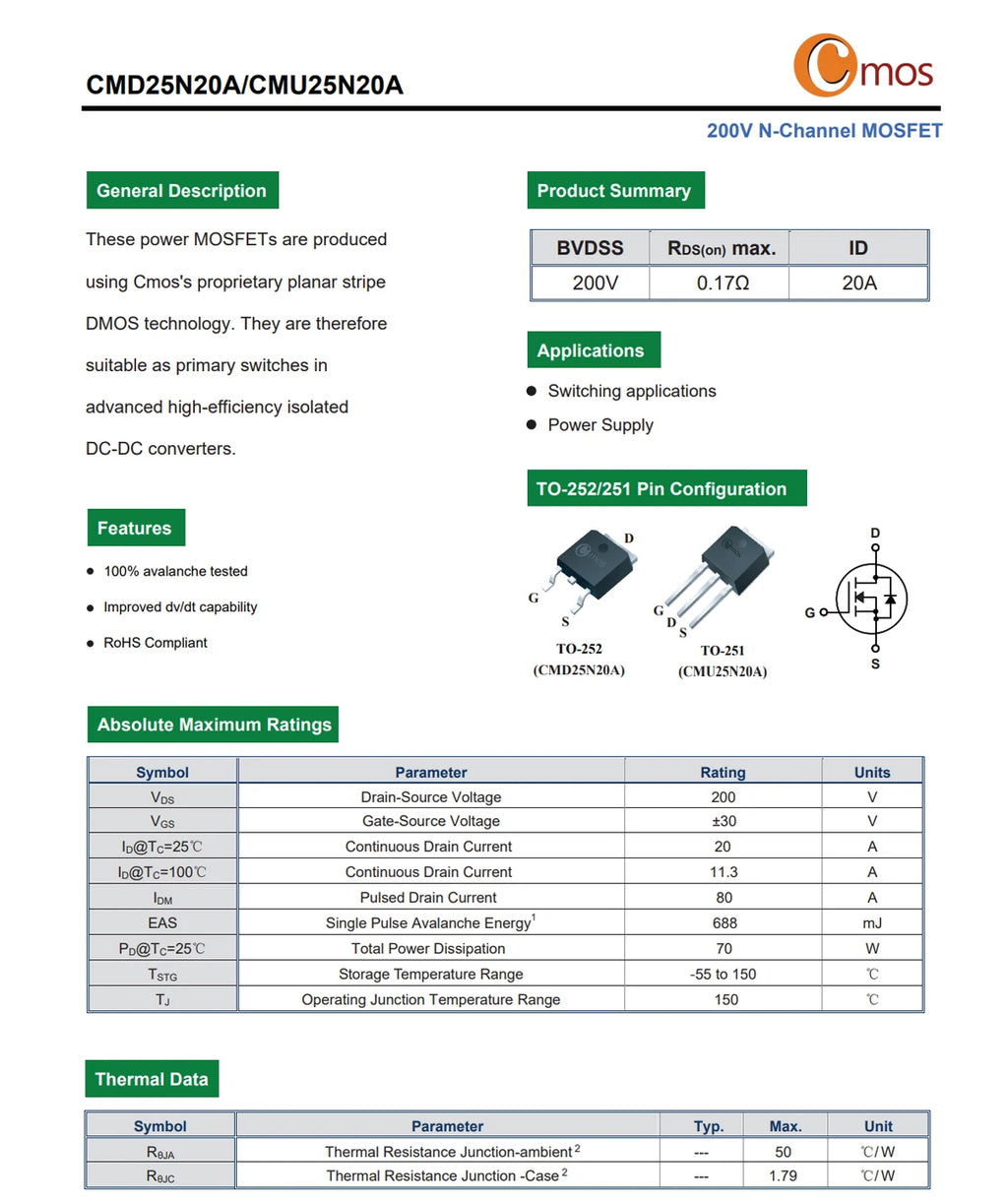 Original CMOS MOSFET CMD1402, CMD3080M, CMD3090L N-Channel TO-252