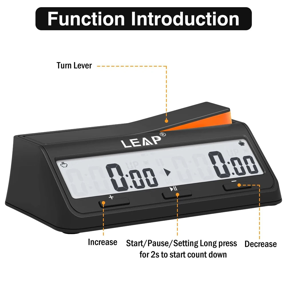 LEAP PQ9917 Chess Clock Digital Chess Timer for Board Game and Chess Timer with Bonus & Delay Count Down up Alarm Black/Orange