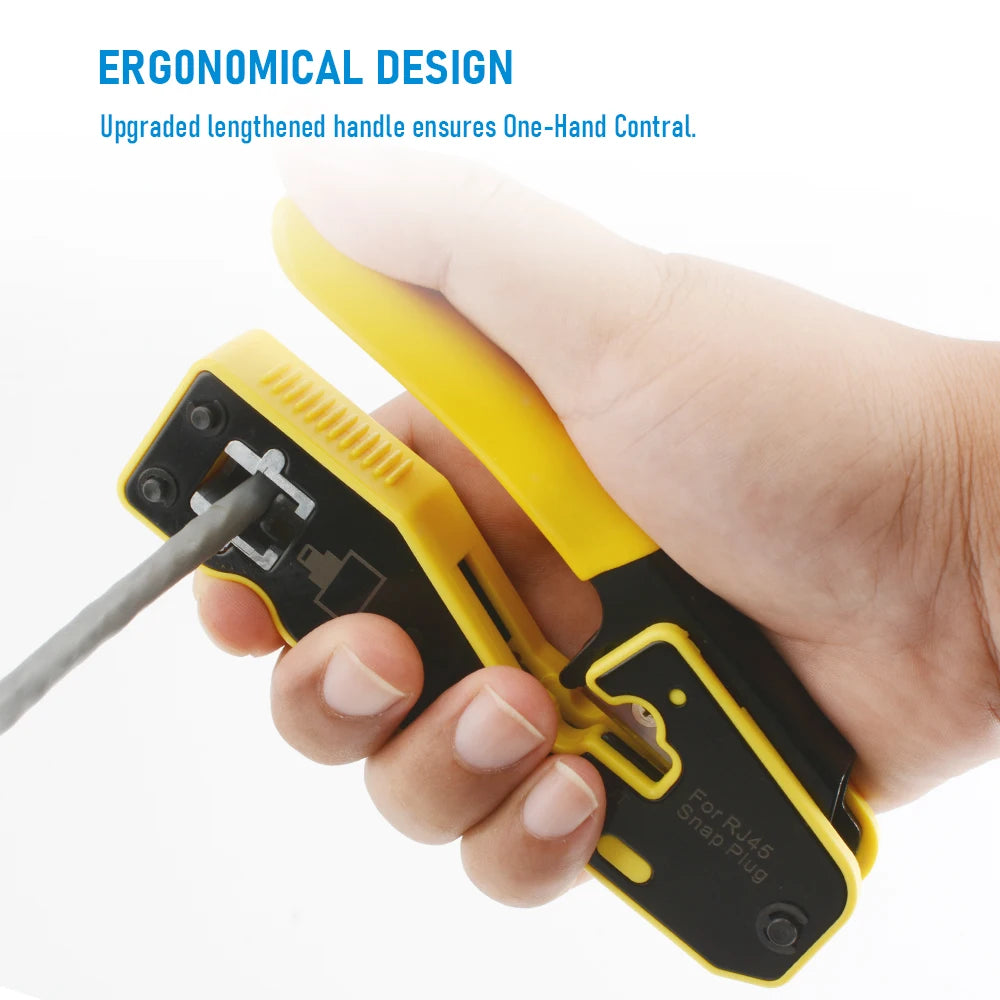 RJ45 Pass Through Crimper, Cat6 8P8C LAN Crimp Tool Kit with Wire Stripper, 10PCS Cat6 Connectors and Strain Relief Boots