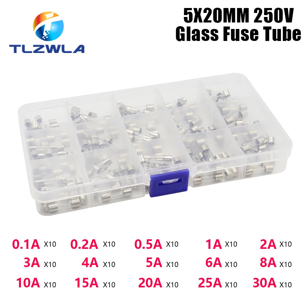 15Kinds 150PCS 5X20MM Fast-blow Glass Tube Fuses Car Ceramic Fuse Tube Assorted Kit 5*20 with Box fusiveis 0.1A-30A Household