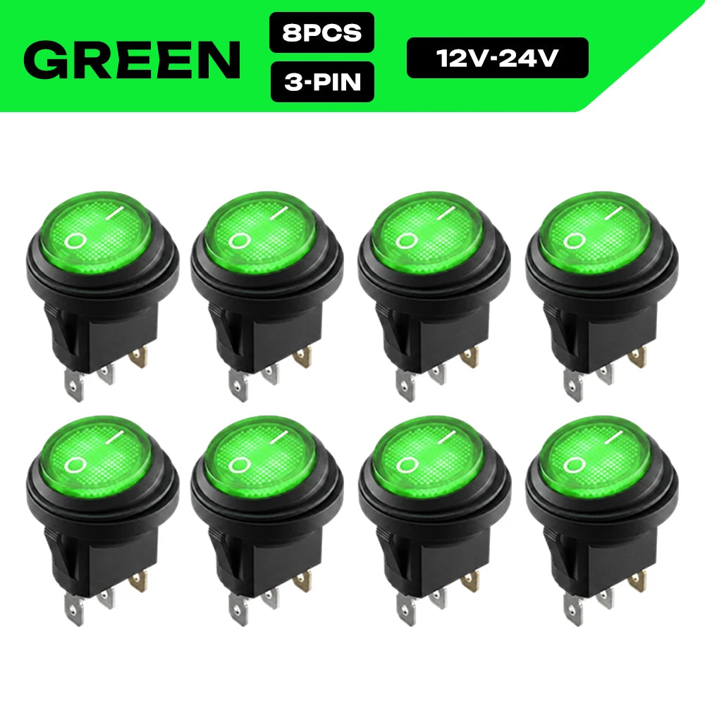 FILN 8PCS 12V 24V 110V 220V Waterproof Rocker Switch 3 Pin LED Lighted ON-OFF Round SPST Toggle Switch for Car Boat Marine PA66