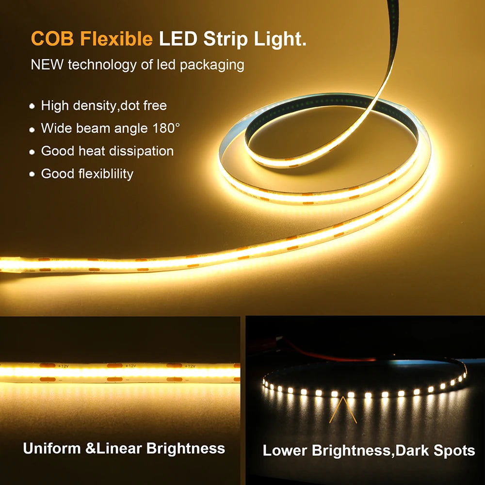 3mm 5mm 8mm PCB COB LED Strip Light 5V 12V 24V 320LEDs/m High Brightness Flexible Tape Warm Natural White Red Green Blue 0.5m 5m