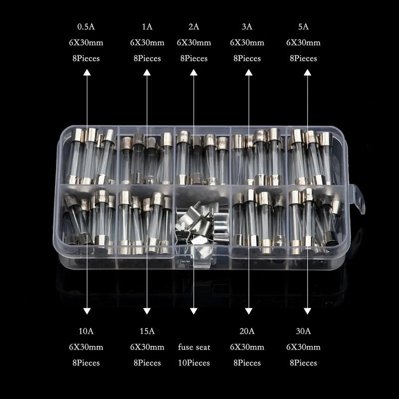 100pcs 5x20mm Fast Quick Blow Glass Tube Fuse Assortment Kit 0.25A 0.3A 0.5A 0.75A 1A 2A 3A 4A 5A 6A 8A 10 15 20A Glass Fuses