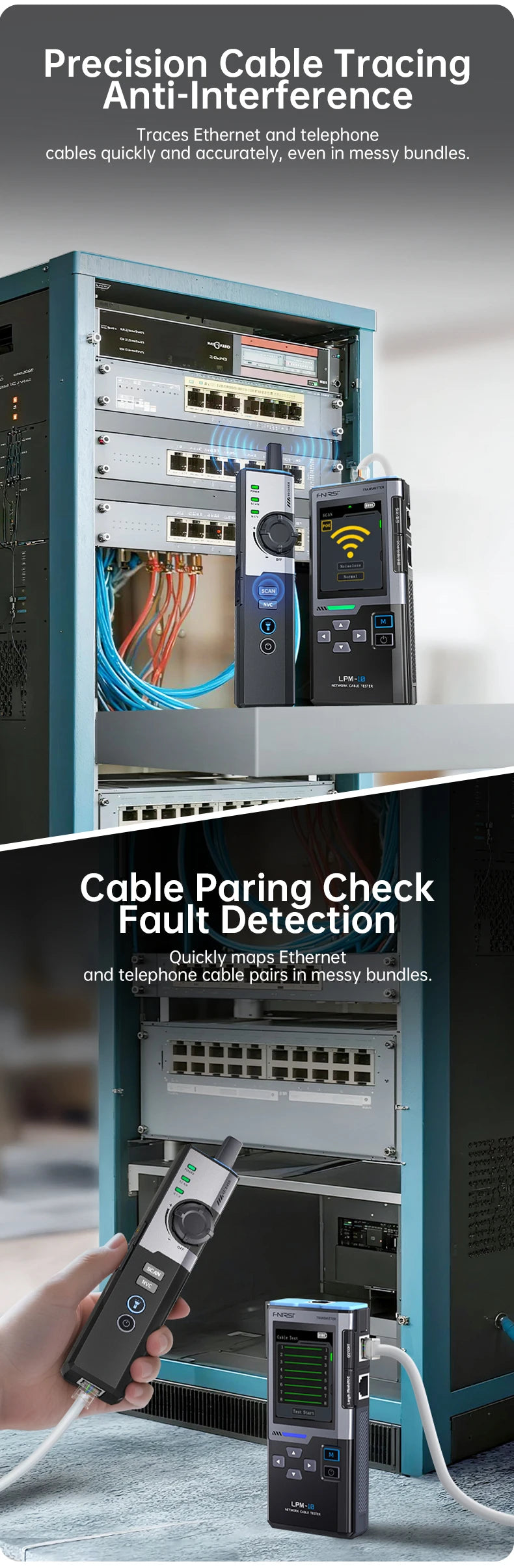 FNIRSI LPM-10A Intelligent Cable Finder RJ45/RJ11 Line Tester LAN Cable Tester Port Flash Anti-interference Network Repair Tool