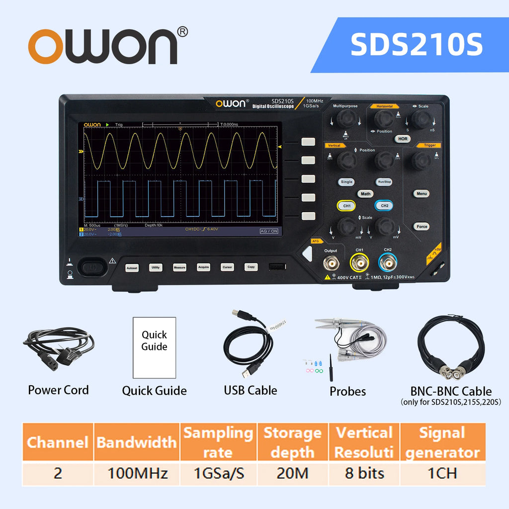 Owon SDS210S 2CH 100-200MHz 1GS/s 14Bit 25MHz FFT Scope Digital Oscilloscope  with Signal Generator Function