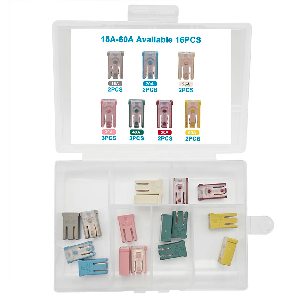 10/14/16/28Pcs MCASE Fuse 15A 20A 25A 30A 40A 50A 60A 32V Mini Slotted Automotive Shaped Cartridge Kit With Plastic Shell Box