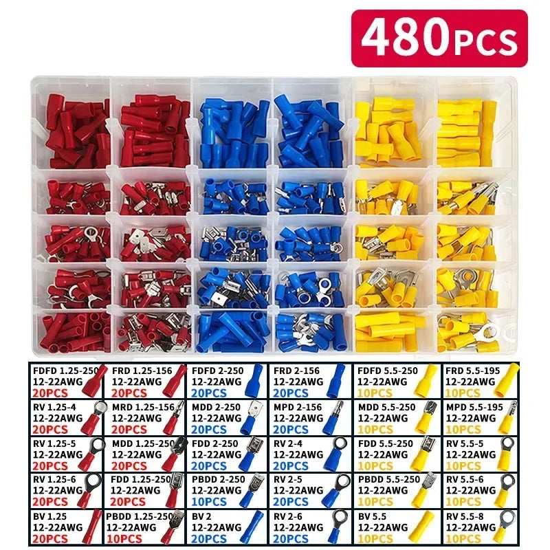 280/480/720/1200/1500pcs Quick Connect Terminal Kit - Cold Pressed Fork/Ring/Spade Lugs for Low Voltage DC Wiring Systems