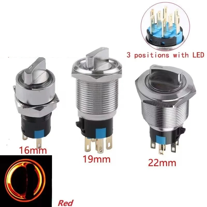 16/19/22mm, Metal Rotary Switch, Selected Toggle Switch With LED 12-24V, 2 Positions / 3 Position Waterproof