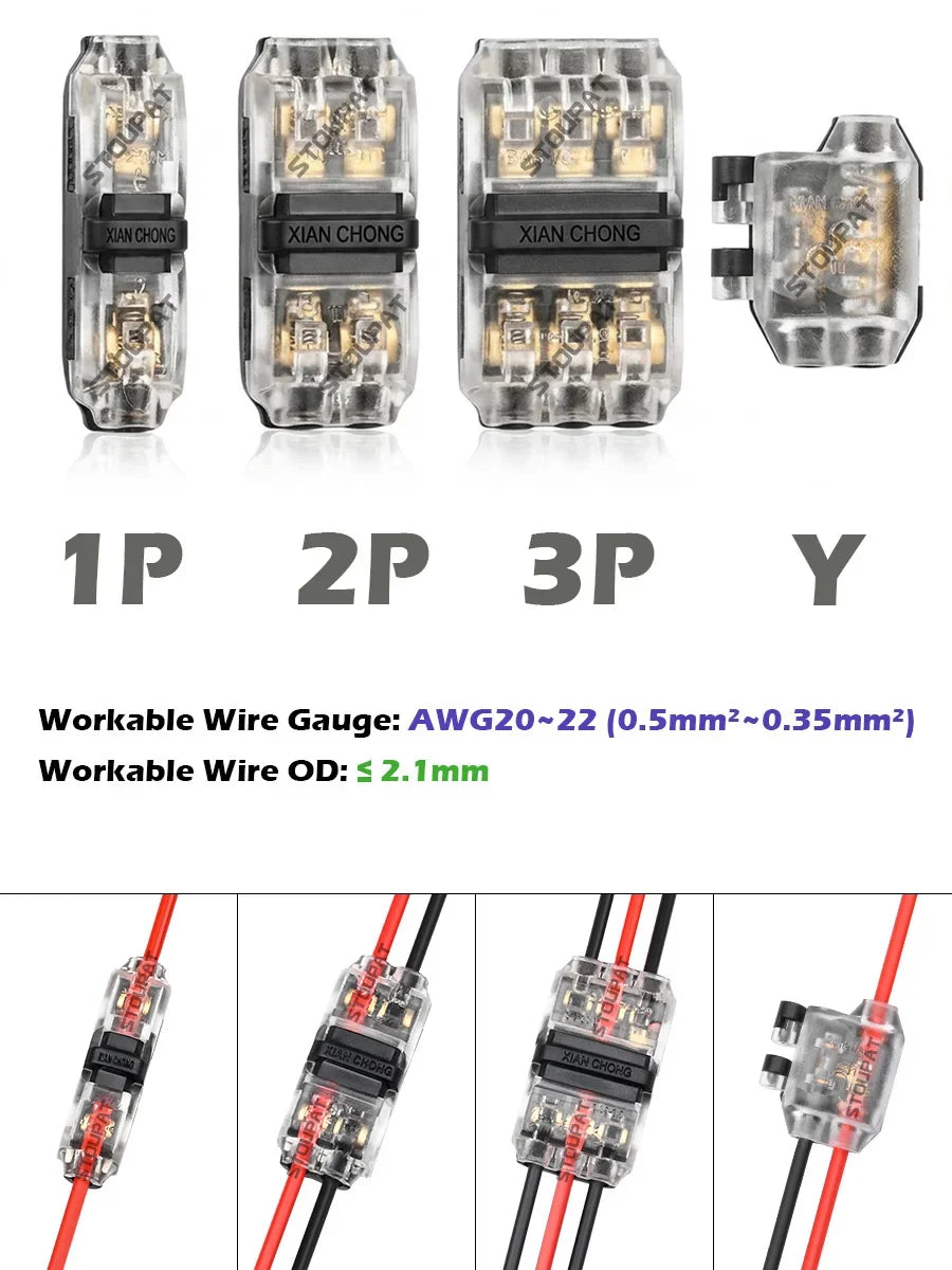 I-Type 1/2/3pin LED Wire Connector Quick Splice Cable Terminal Block for LED Strip, Audio, Car, Home Appliances Wiring AWG20-22