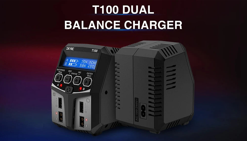 SKYRC T100 AC Lipo Battery Balance Charger Dual 5A 2X50W for 2-4S NiMH / NiCd / LiPo / LiFe / Lilon / LiHV  RC Car Charger