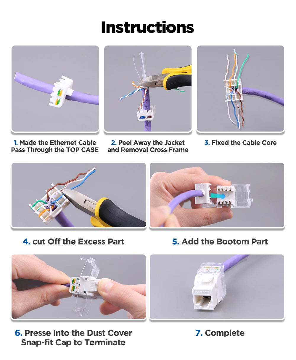 AMPCOM CAT6A CAT6 Tool Less Keystone Jack,  RJ45 UTP Keystone Module Adapter No Punch-Down Tool Couplers Modular Connector