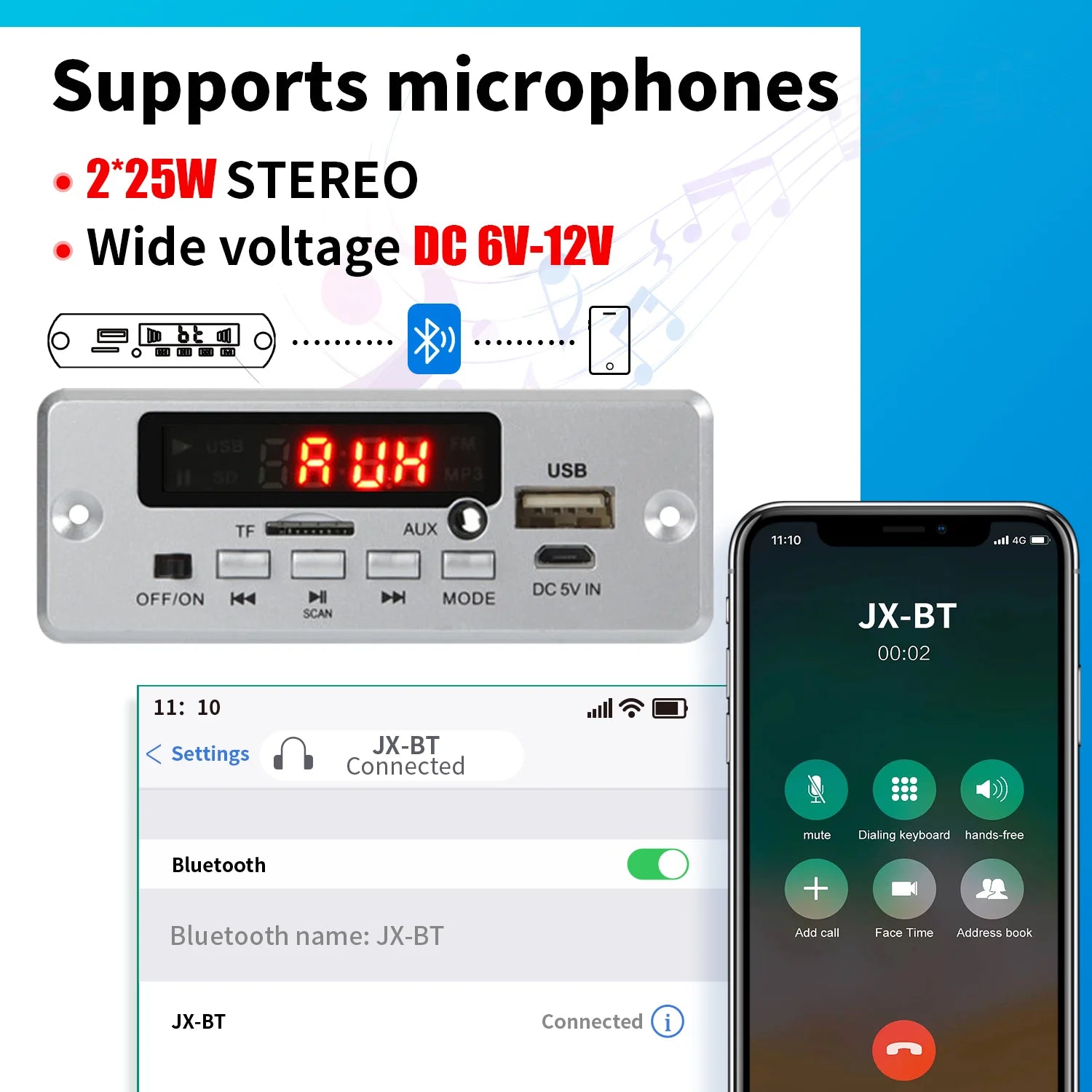 50W Amplifier Bluetooth 5.0 MP3 Decoder Board 12V Wireless Music Player Audio Modul USB TF AUX FM Radio for Speaker Handsfree