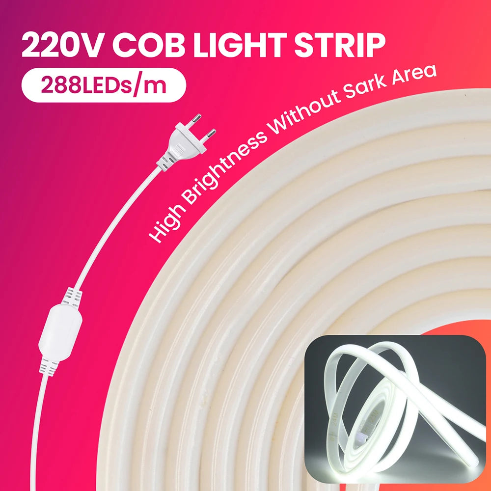 Dimmable 220V COB LED Neon Strip Light Switch Dimmer Power Kit 5m 10m 30m 3000K 4000K 6000K 288 LEDs Flex Tape 0.5m Waterproof