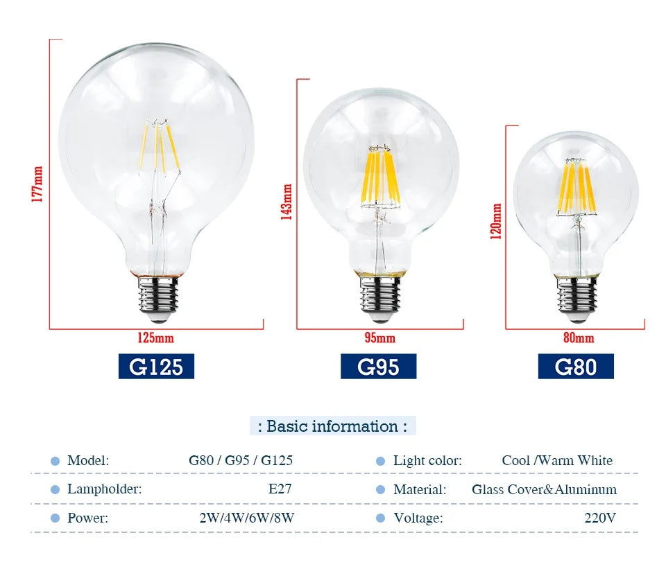 Retro Edison Filament LED Light Bulb E27 AC 220V 240V G80 G95 G125 Globe Light Glass Bulb 2W 4W 6W 8W Lampara LED Lamp