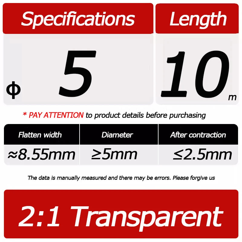 10 Meter/Lot Heat Shrink Tube 2:1 Clear Transparent Tubing Shrinkable Wrap 1mm - 60mm Cable Sleeve Wire