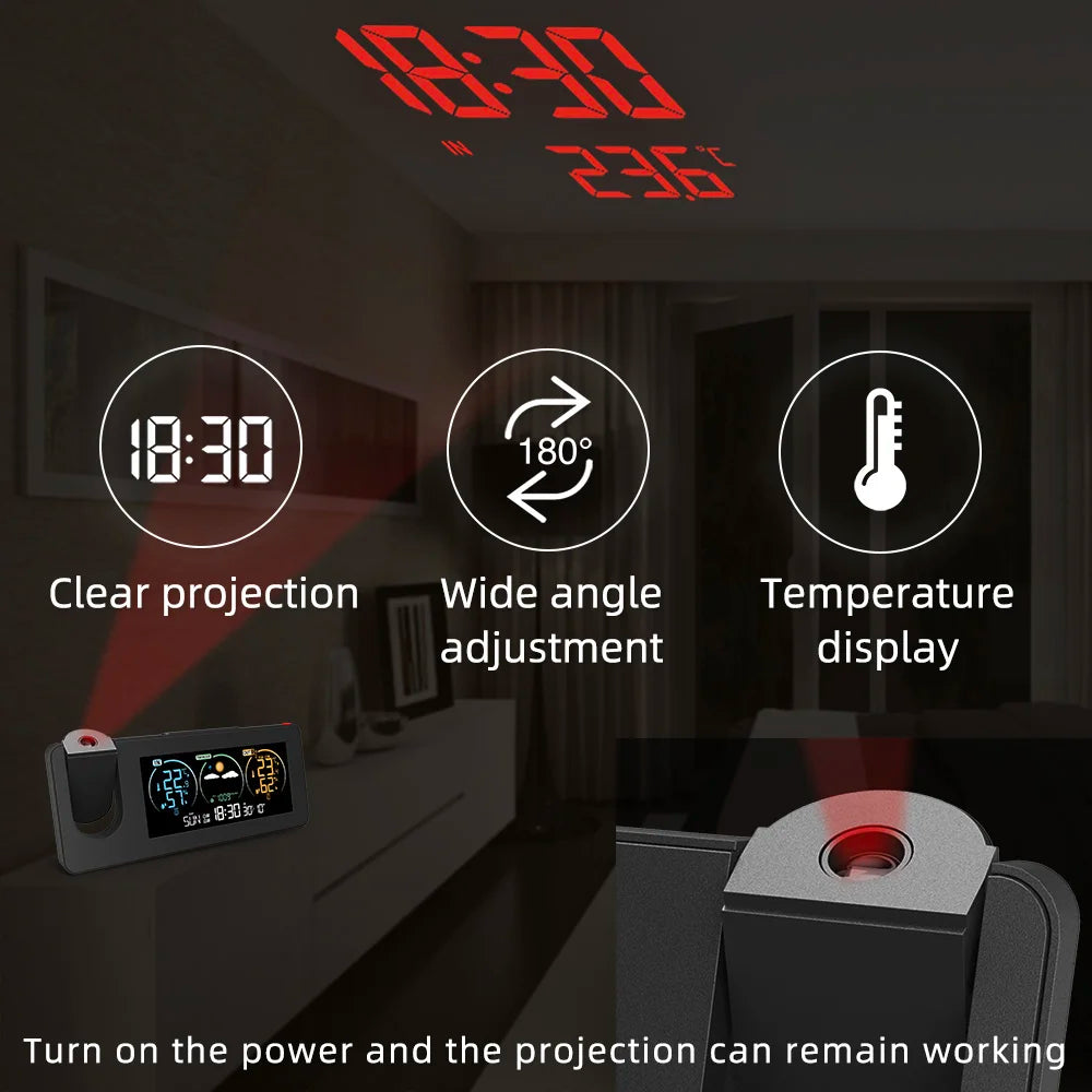 Digital Weather Projection Alarm Clock In/Outdoor Color Screen Temperature Humidity Meter Barometer Wireless Forecast Sensor