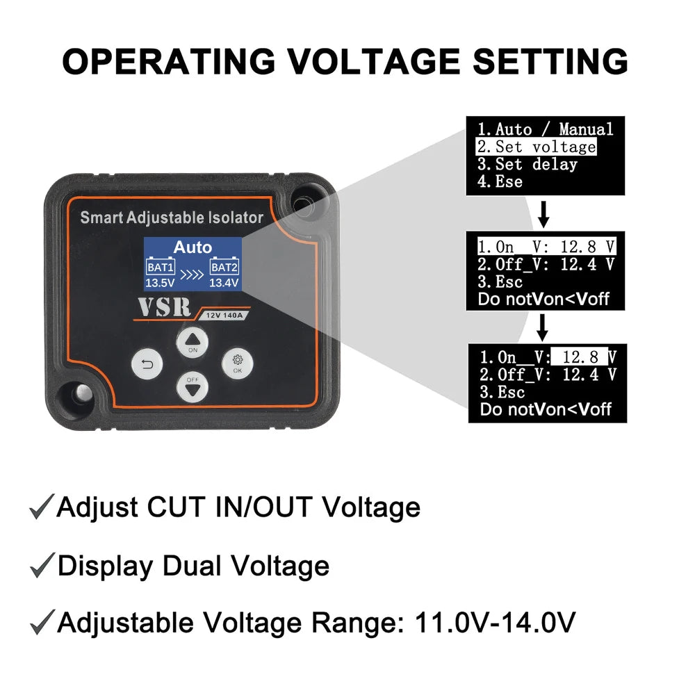 12V 140A Dual Battery Smart Isolator Display VSR Car Relay Voltage Setting Voltage Sensitive for Lithium & Lead-Acid Battery