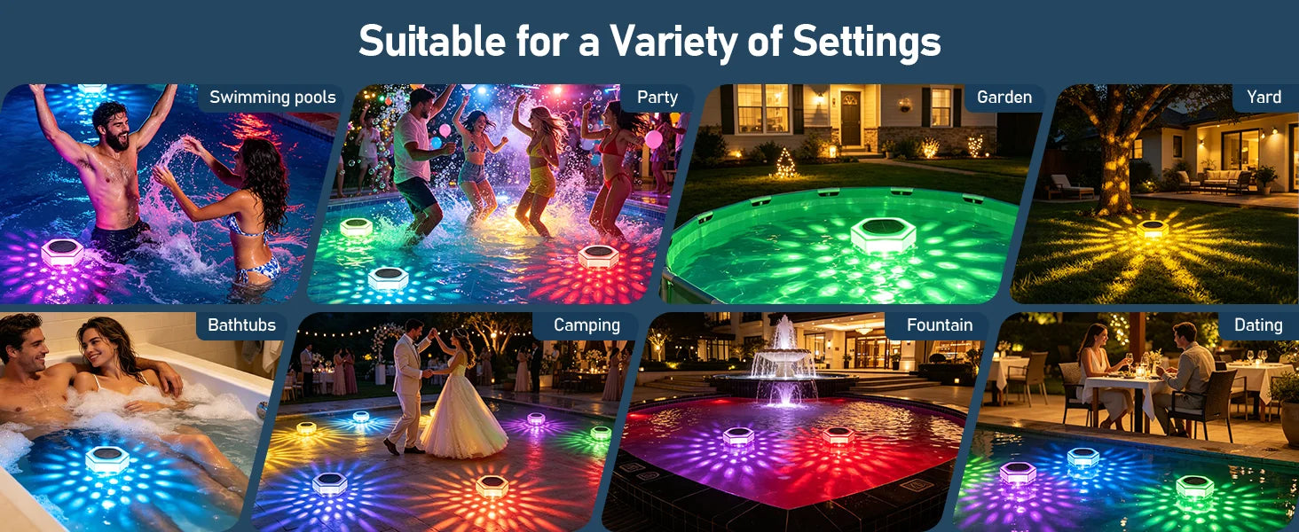 Solar Pool Lights 1/2 Pack, RGB Changing Floating Pool Lights with 10m Remote Control, 4 Dimming, 13 Lighting, Timing Mode, IP68 Waterproof for Inground/Above Ground Pool, Party Decoration
