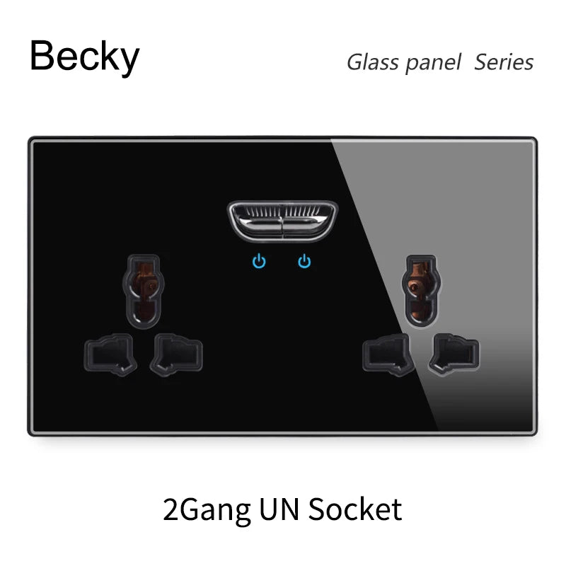 146 13a Reset Toggle Tempered Glass 2Gang UK Socket Switch Combination Panel Power Socket Office Hotel Home Villa Decoration