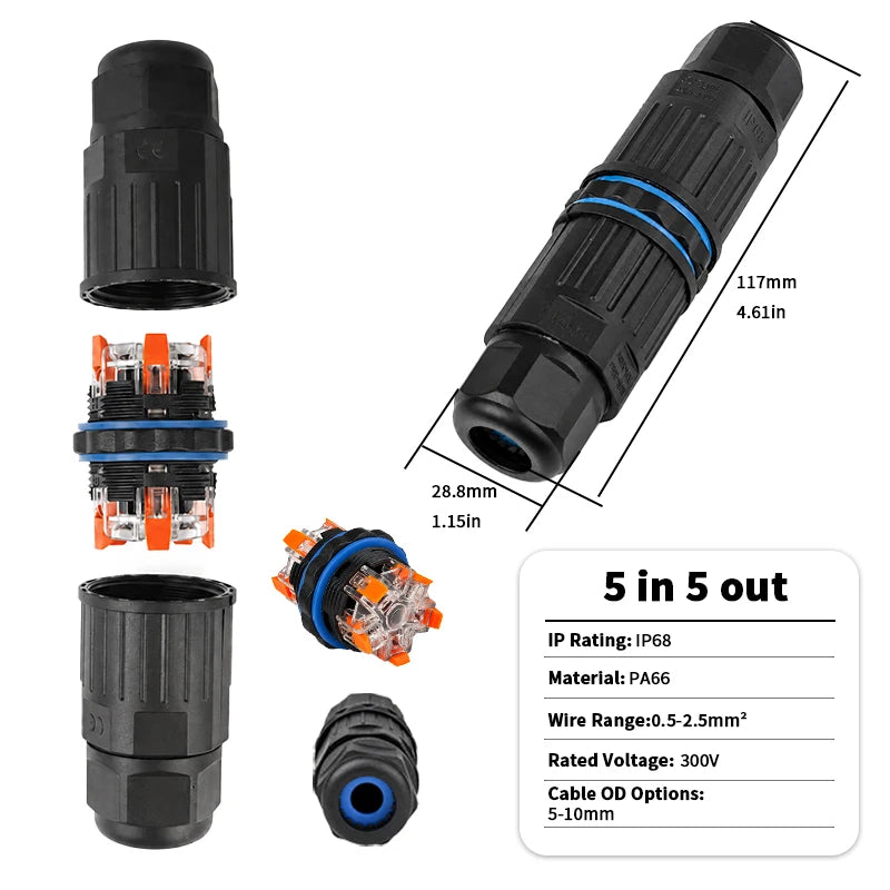 Electrical Cable Connector M20 IP68 Waterproof Inline Wire Connector Screwless Push In Cable Splice for Outdoor LED Lighting