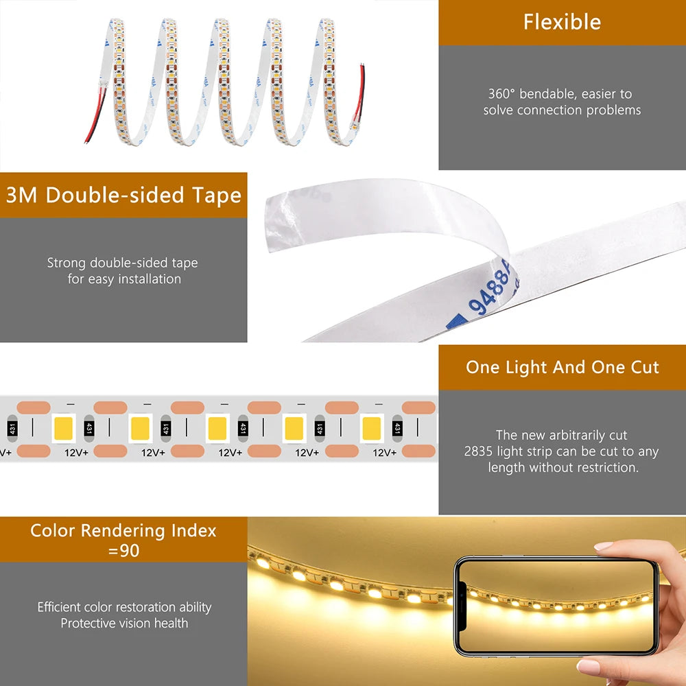 5mm 8mm PCB Led Strip Light 1 LED Cut 12V 24V 5m 2835 SMD 120LEDs/m High Brightness Flexible Tape LED Lighting Ribbon for Home
