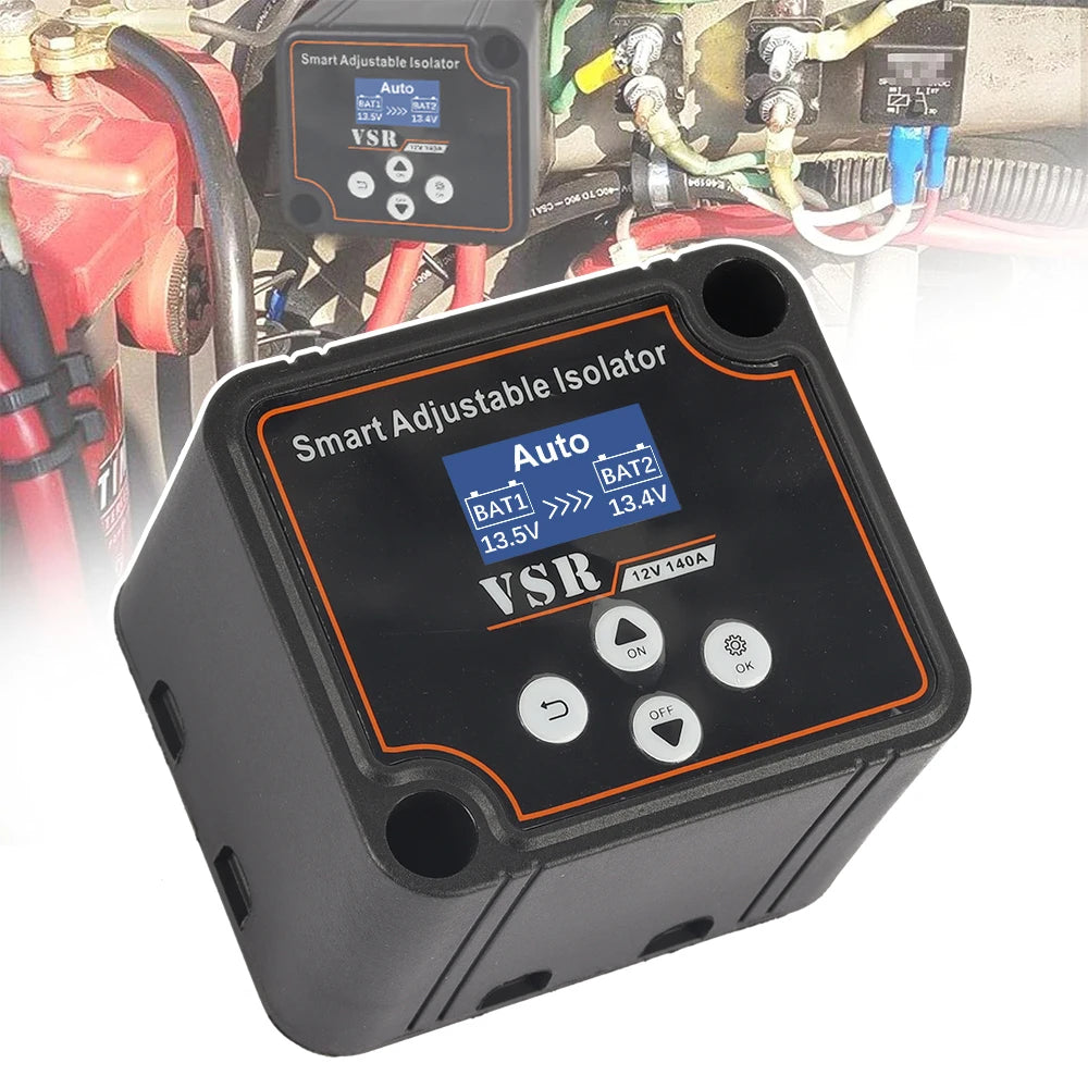 12V 140A Dual Battery Smart Isolator Display VSR Car Relay Voltage Setting Voltage Sensitive for Lithium & Lead-Acid Battery