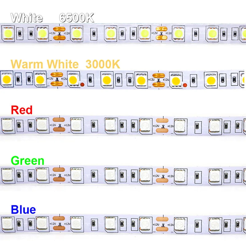 5M 300LEDs Waterproof RGB LED Strip 5050 DC12V 60LEDs/M Flexible Light Belt Led Ribbon Tape Home Decoration 24V RGBW Lamp Strips
