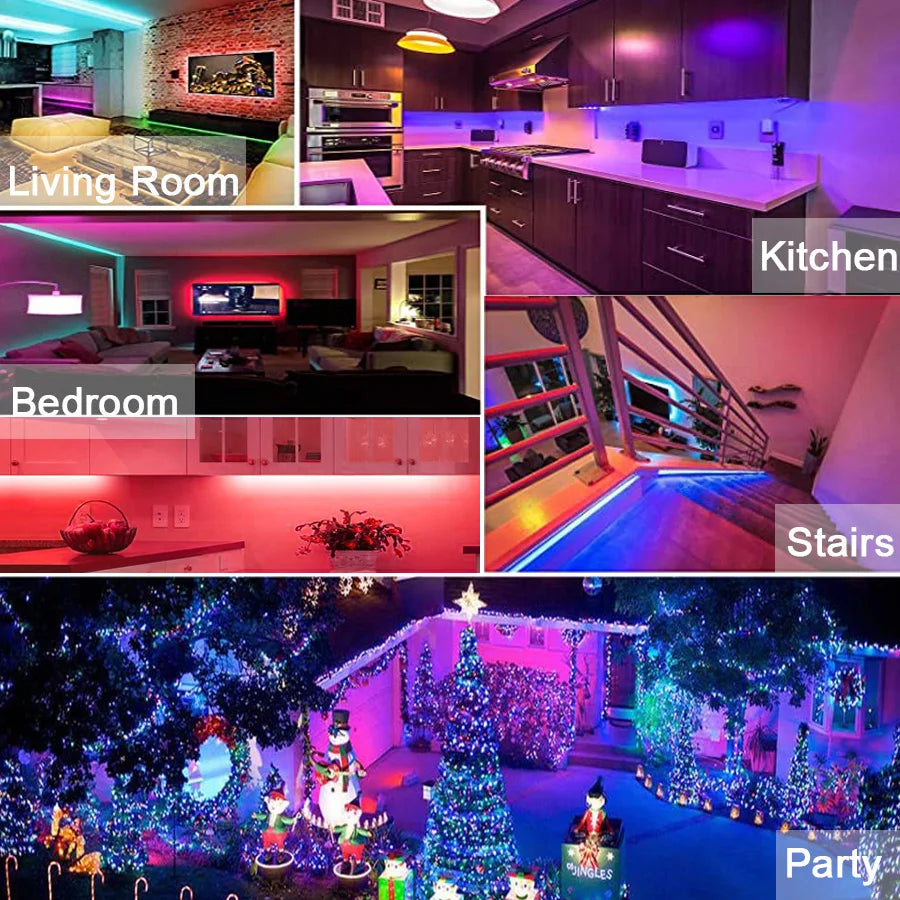 30M 12V WiFi Bluetooth RGB LED Strip Lights 5050 with Ac100-240V Adapter APP Control Music Sync Remote for Bedroom Kitchen Party