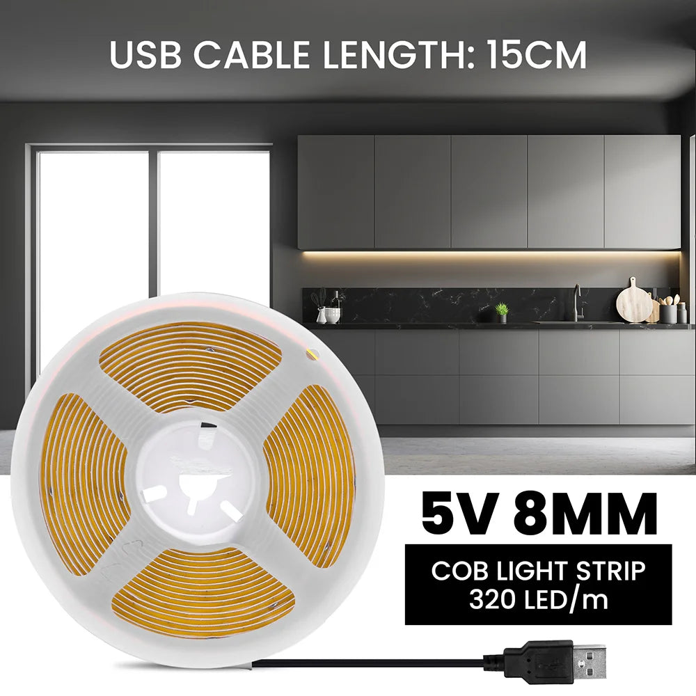 New 5V USB COB Strip Light 320Leds/m Warm Natural White Cabinet Lamp Night Lighting Flexible LED Ribbon Stripe DC5V TV Backlight