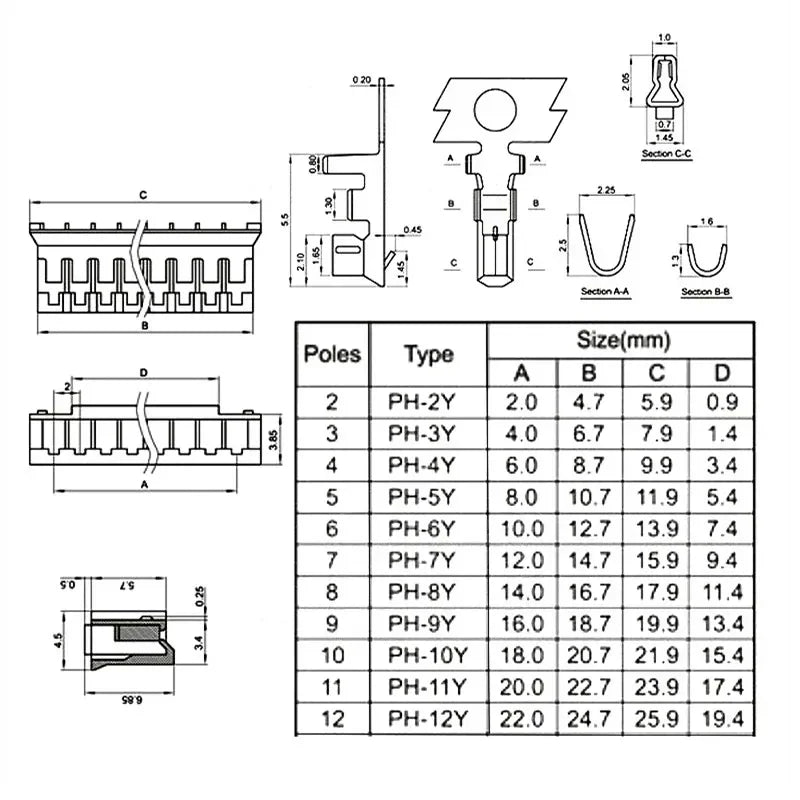 50pcs PH2.0mm Single/Double Same /Reverse Connector Terminal Flat Cable Lenght 10/20/30cm Pitch 2/3/4/5/6/7/8/9/10/11/12pin