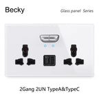 146 13a Reset Toggle Tempered Glass 2Gang UK Socket Switch Combination Panel Power Socket Office Hotel Home Villa Decoration