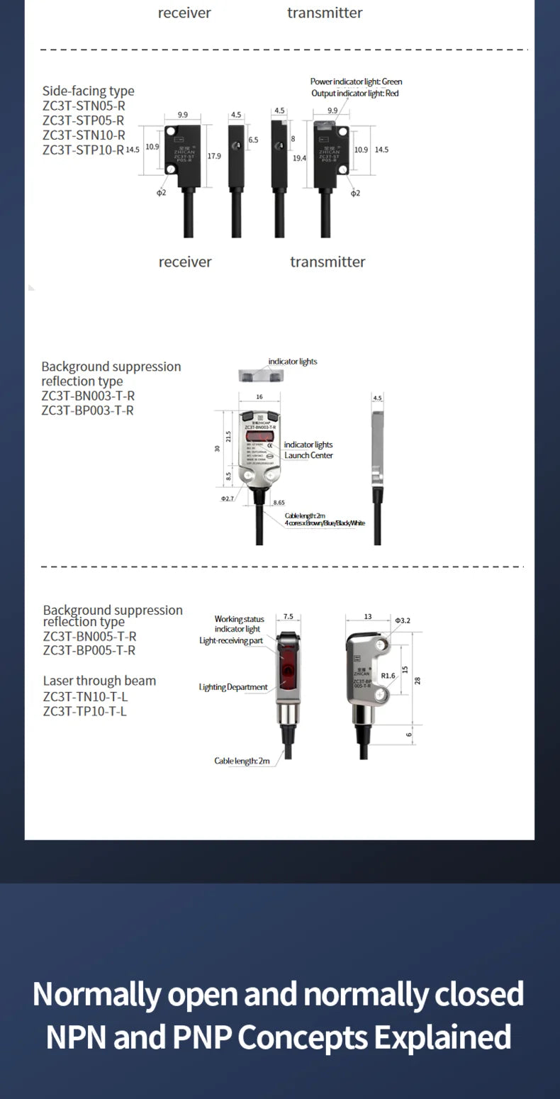 ZHICAN ZC3T Miniature Flat Photoelectric Sensor Front Side View Through Beam Diffuse Reflective