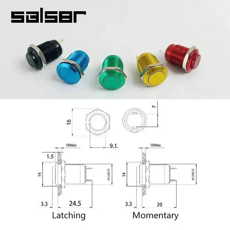 10pcs 12mm Anodize Red Blue Green Black Yellow Waterproof High Flat Head Momentary Fixation Latching Metal Push Button Switch