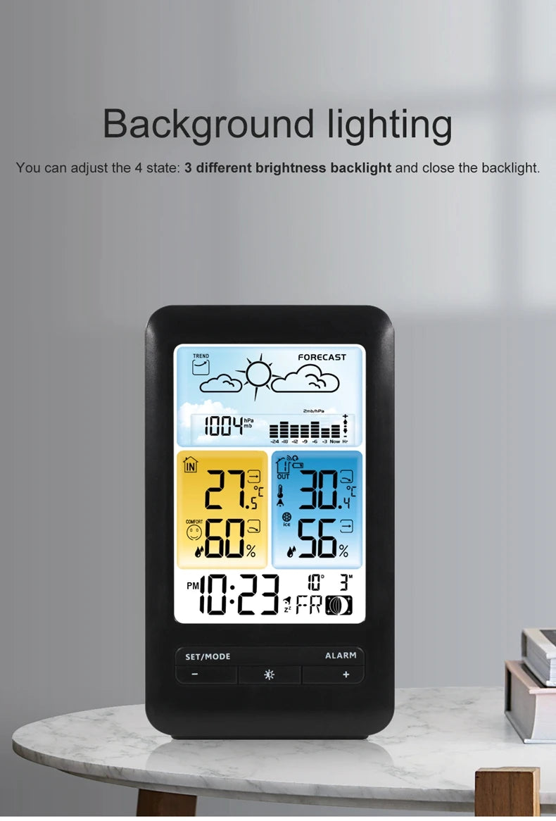 Wireless Table Weather Station Color LCD Digital Temperature Humidity Monitor Moon Phase Barometer Forecast Sensor Alarm Clock