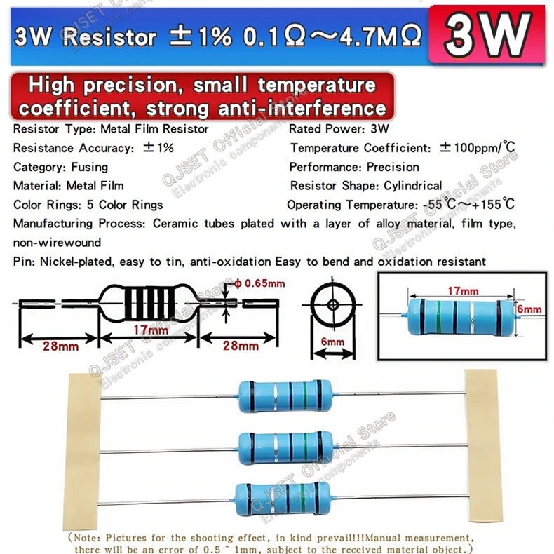 10pcs 3W Precision Metal Film Resistors 1% 3W 10 47 100 200 220 470 510 Ohm 1K 22K 4.7K 10K 47K 100k 200k 220k 510k 470k 1M Ohms