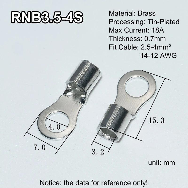 100pcs RNB Brass Ring Bare Terminal Block Connector Cable Lugs Wire Crimping Tips Electrical Connection Strips 12V 2.5mm 4mm 6mm