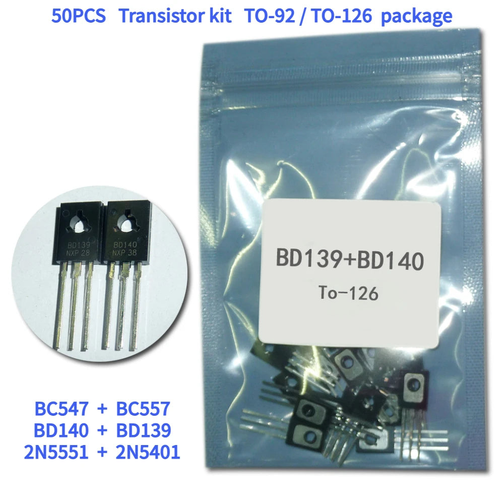 50PCS/Lot Transistor kit BC547 and BC557, 2N5551 and 2N5401 ,BD140 and BD139 NPN PNP Transistor TO-92/126 Triode Transistor set