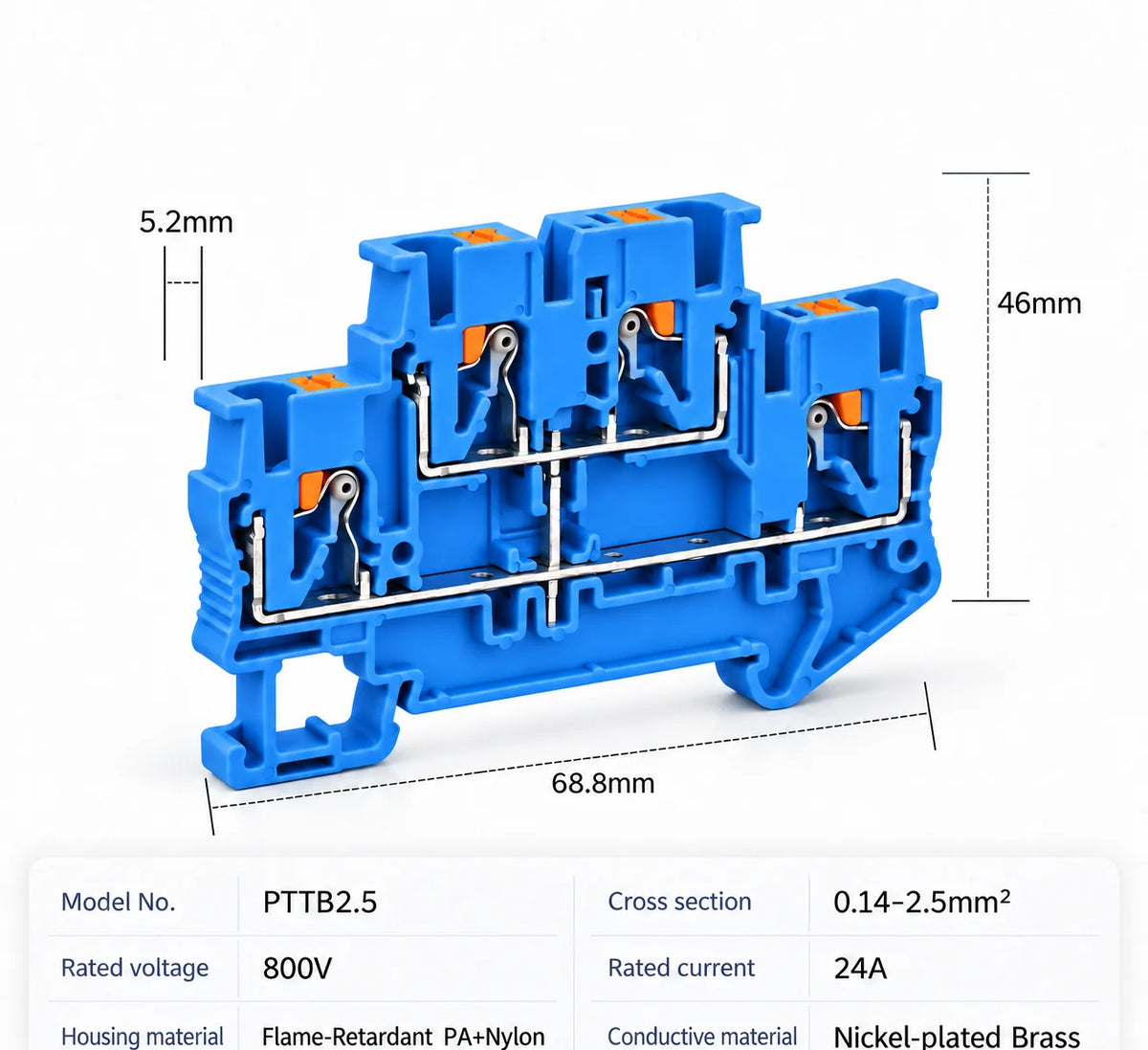 DIN Rail Terminal Blocks PTTB-2.5 Push-In Double Level 0.14-2.5mm2 Screwless Electrical Wire Connectors for Control Panel Wiring