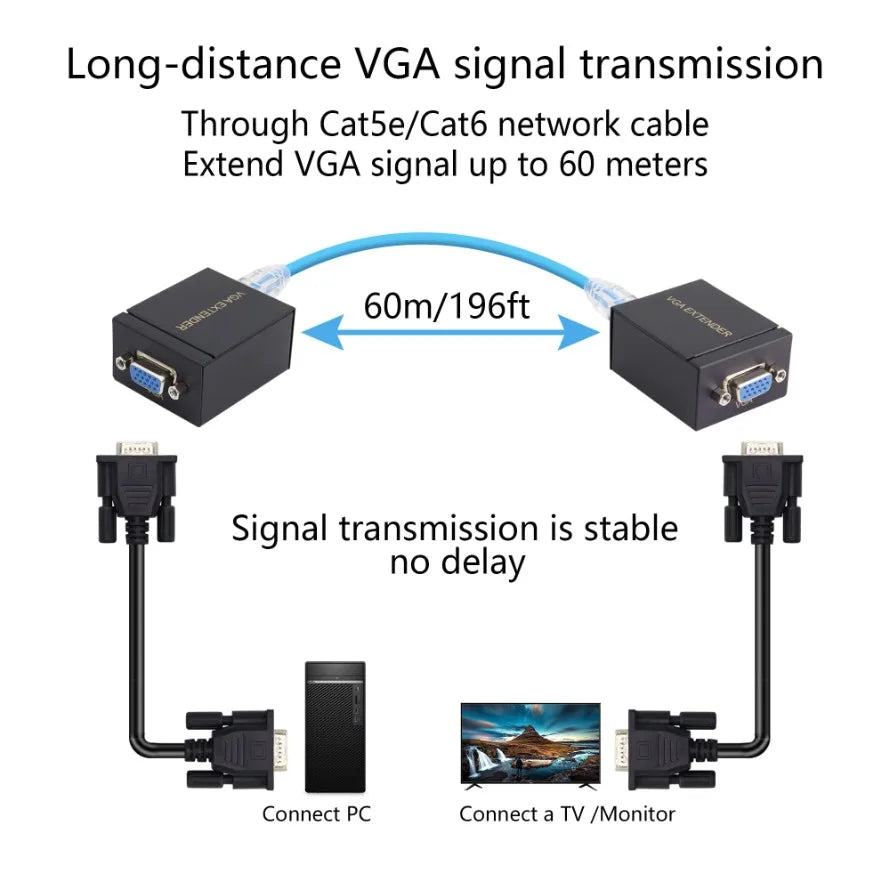 60M VGA Extender Over Single RJ45 Cat6 Cable 1080P VGA Ethernet Extender Video Transmitter Receiver for PC Loptop HDTV Monitor