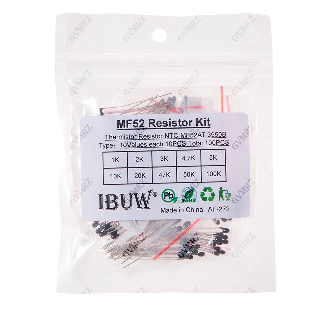 100PCS 10Values MF52 NTC Thermistor Kit 1K-100K 3950B for Temperature Sensing & Circuit Overheat Protection 1K 10K 100K