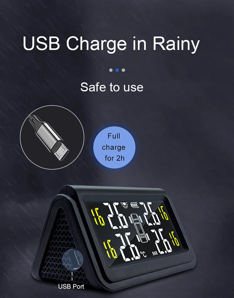 Solar Wireless Tire Pressure Monitoring System TPMS Auto Security Alarm Device Digital Colorful Display With 4 sensors