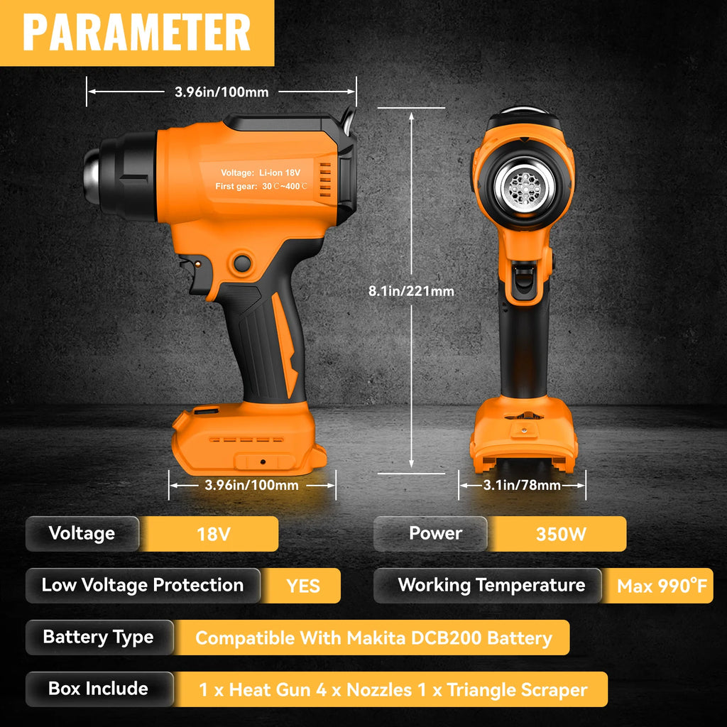 Portable Cordless Heat Gun For DEWALT 18V Battery Electric Handheld Hot Air Gun Shrink Wraping With Nozzles For Industrial Home