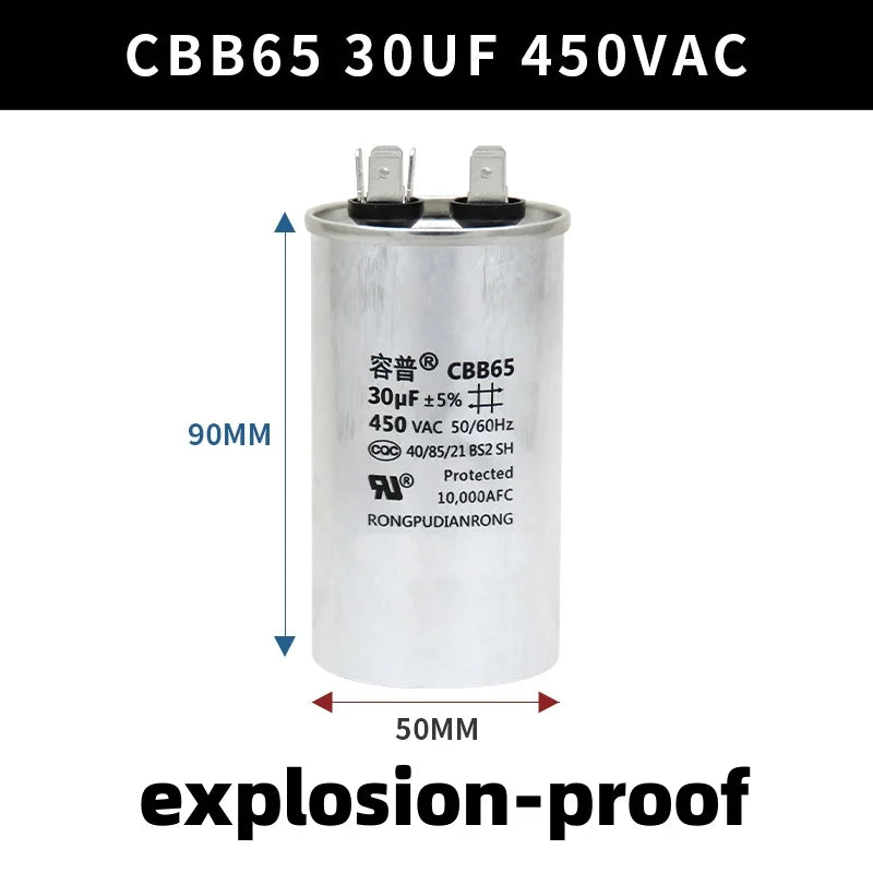 CBB65 450V Motor Capacitor Air Conditioner Compressor Start Capacitor 5uF 6uF 20uF 25uF 30uF 35uF 40uF 45uF 50uF 60uF 70uF