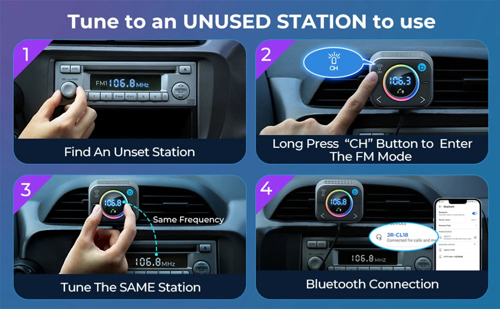 Joyroom Bluetooth 6.0 FM/AUX Transmitter Car Adapter Audio FM Transmitter Bass Boost 3 Ports PD&QC 3.0 FM Bluetooth Fast Charger